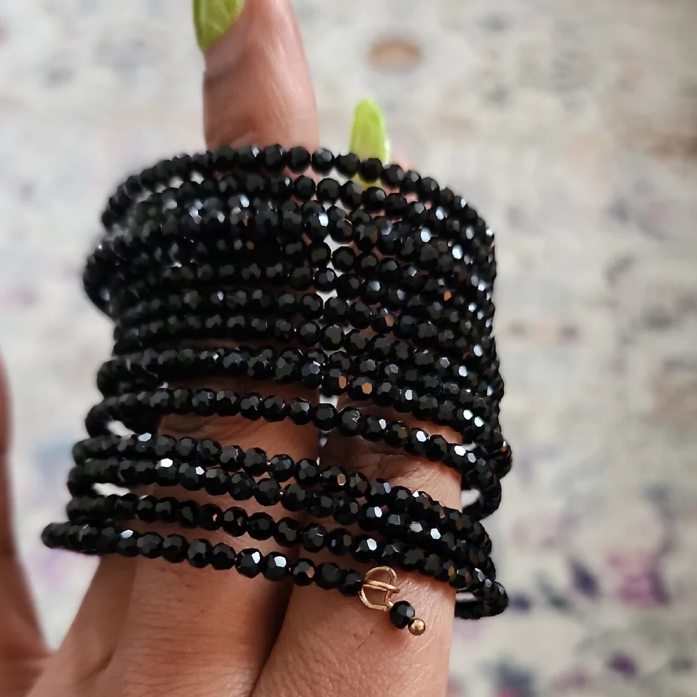 Black Beaded Multi Strand Wrap Bracelet Faceted Stretch Layered Statement